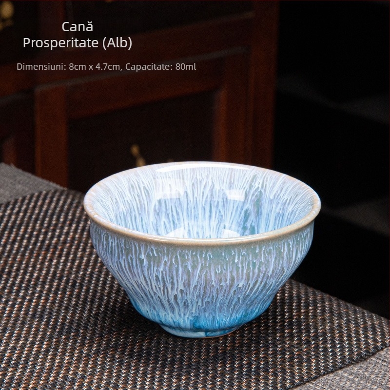 Ceșcuță de ceai din porțelan, pentru o singură ceașcă, cu glazură Tianmu și finisaj cu fisuri de gheață, nuanță nisip aurie; accesorii Gongfu pentru ceai