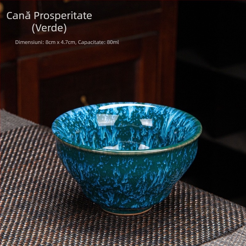 Ceșcuță de ceai din porțelan, pentru o singură ceașcă, cu glazură Tianmu și finisaj cu fisuri de gheață, nuanță nisip aurie; accesorii Gongfu pentru ceai