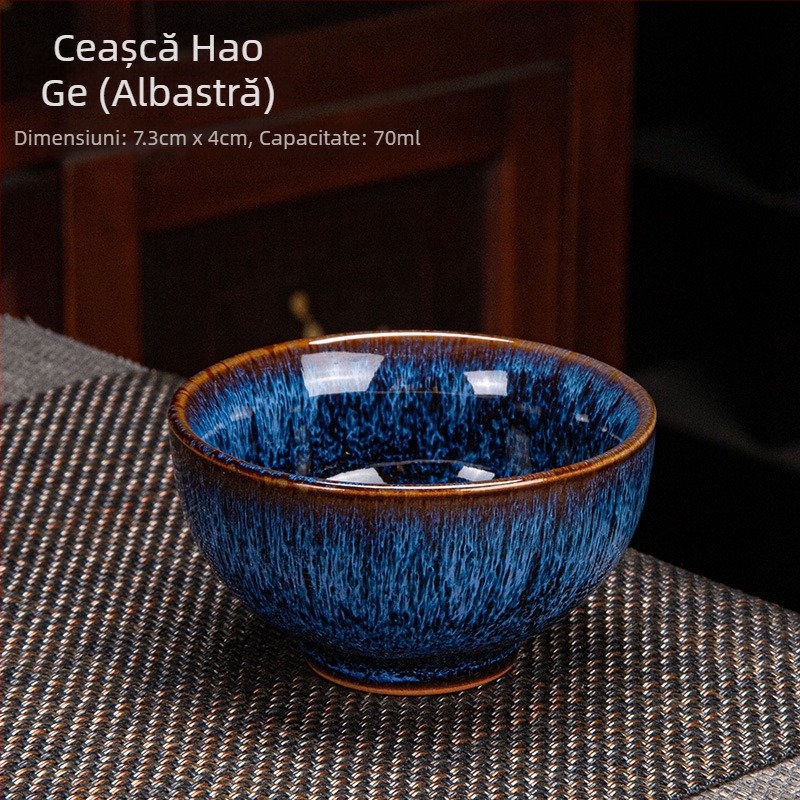 Ceșcuță de ceai din porțelan, pentru o singură ceașcă, cu glazură Tianmu și finisaj cu fisuri de gheață, nuanță nisip aurie; accesorii Gongfu pentru ceai