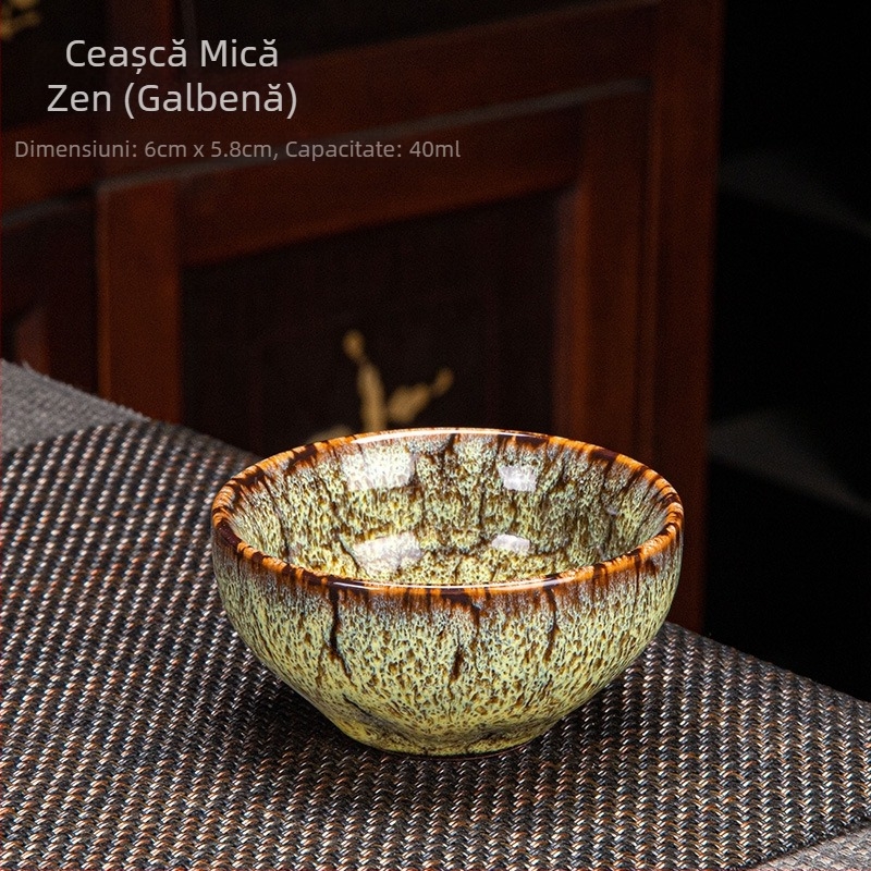 Ceșcuță de ceai din porțelan, pentru o singură ceașcă, cu glazură Tianmu și finisaj cu fisuri de gheață, nuanță nisip aurie; accesorii Gongfu pentru ceai