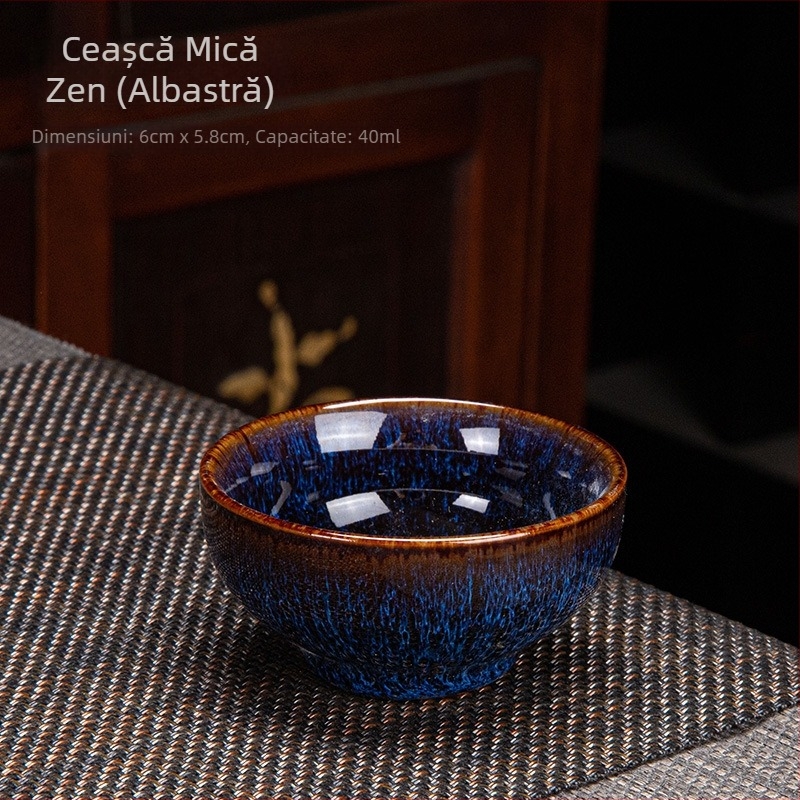 Ceșcuță de ceai din porțelan, pentru o singură ceașcă, cu glazură Tianmu și finisaj cu fisuri de gheață, nuanță nisip aurie; accesorii Gongfu pentru ceai
