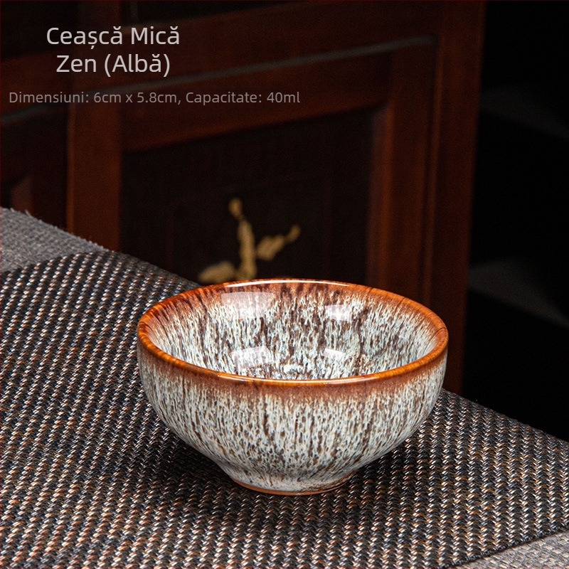Ceșcuță de ceai din porțelan, pentru o singură ceașcă, cu glazură Tianmu și finisaj cu fisuri de gheață, nuanță nisip aurie; accesorii Gongfu pentru ceai