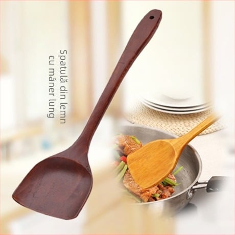 Spatula de bucătărie din lemn, mâner lung, ustensil de gătit din lemn natural, potrivit pentru tigăi antiaderente
