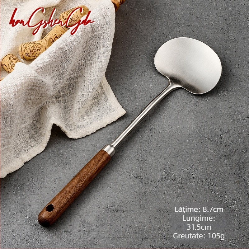 Spatulă de gătit din oțel inoxidabil 316L cu lemn de nuc, formă de ciupercă, pentru uz casnic, spatulă de măr, mâner lung, anti-arsură, spatulă și lingură