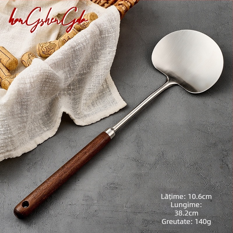 Spatulă de gătit din oțel inoxidabil 316L cu lemn de nuc, formă de ciupercă, pentru uz casnic, spatulă de măr, mâner lung, anti-arsură, spatulă și lingură