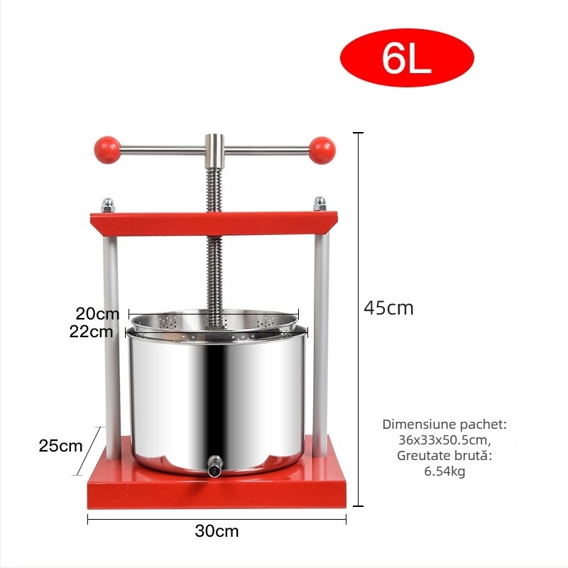 Presă manuală din oțel inoxidabil, 6L – separare a sucului de pulpă, presă pentru brânză și filtrare în bucătărie