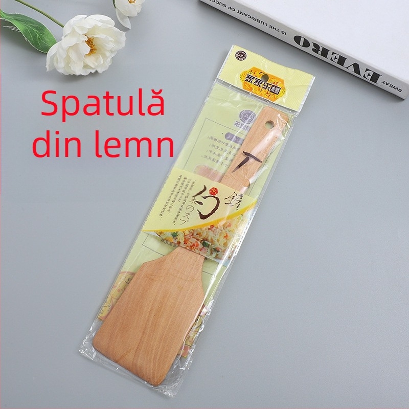 Spatulă de bucătărie din lemn, mâner lung, pentru tigăi antiaderente