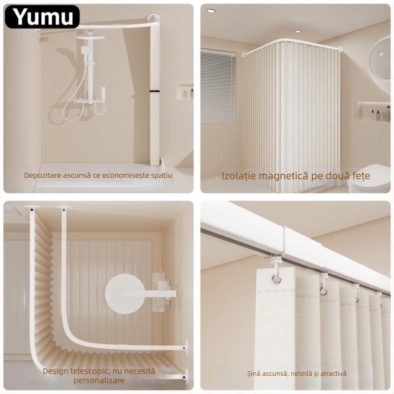Draperie de duș cu șină curbată, pliabilă, bară de baie premium – fără găuri, perdea impermeabilă de separare a dușului