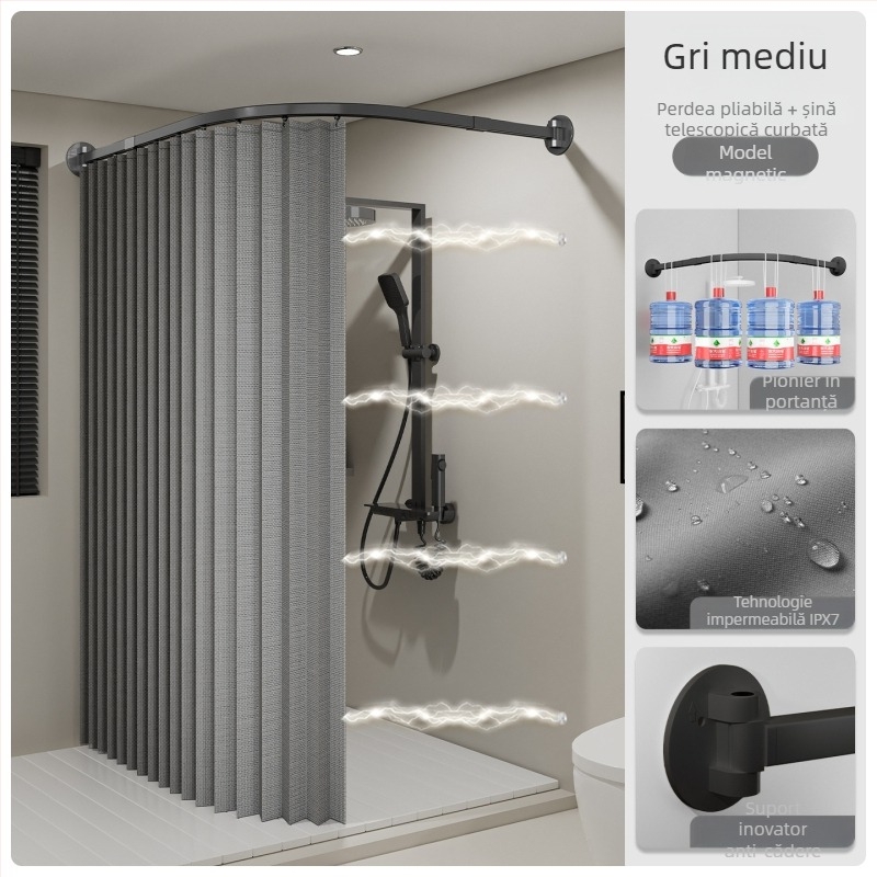 Draperie de duș cu șină curbată, pliabilă, bară de baie premium – fără găuri, perdea impermeabilă de separare a dușului