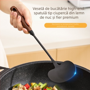 Spatulă de bucătărie cu mâner din lemn, fontă nitrată, spatulă în formă de ciupercă, lingură de supă, ușor de curățat, ustensile de bucătărie