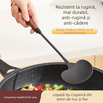 Spatulă de bucătărie cu mâner din lemn, fontă nitrată, spatulă în formă de ciupercă, lingură de supă, ușor de curățat, ustensile de bucătărie