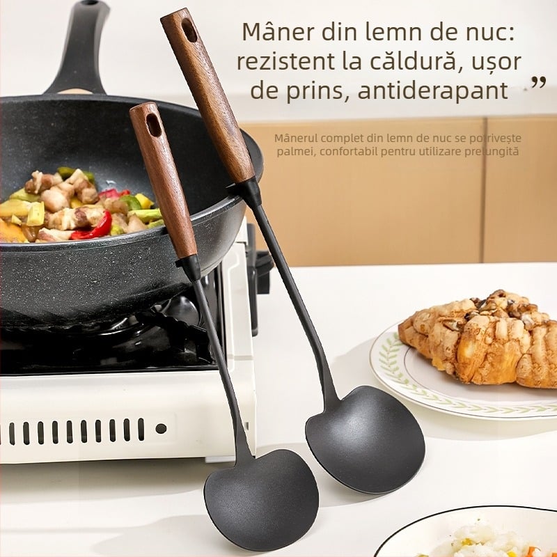 Spatulă de bucătărie cu mâner din lemn, fontă nitrată, spatulă în formă de ciupercă, lingură de supă, ușor de curățat, ustensile de bucătărie