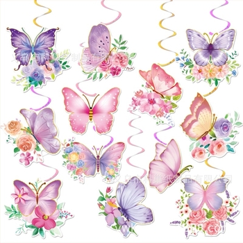 Decor pentru petrecere cu temă primăvară, flori și fluturi, agățători în spirală, set de 12 piese, etichete și ornamente cu fluturi