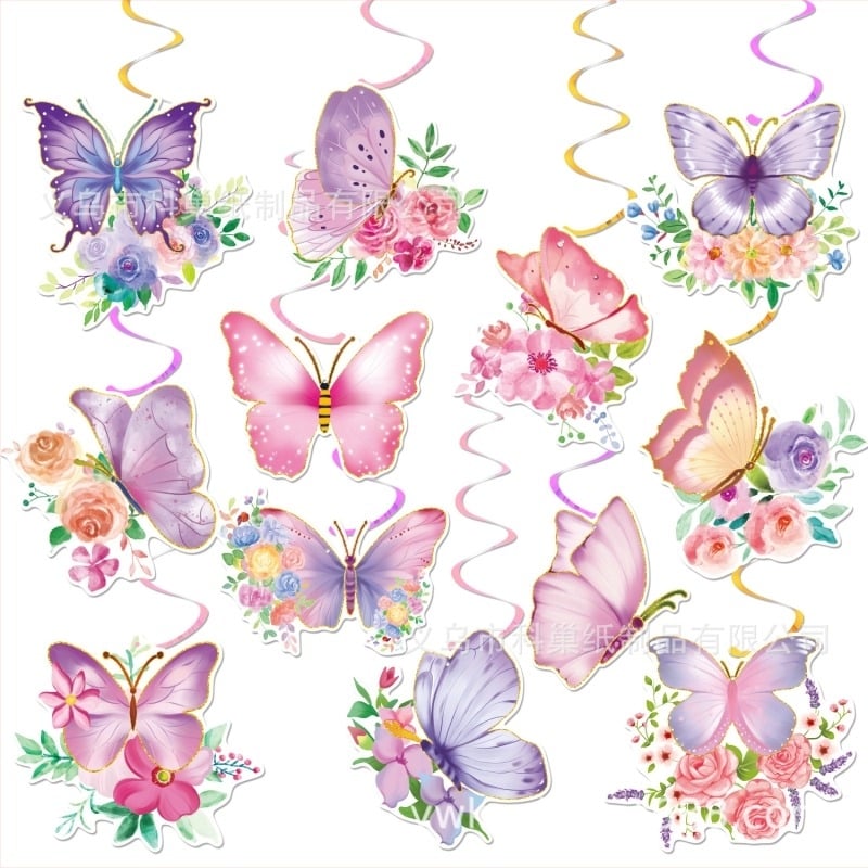 Decor pentru petrecere cu temă primăvară, flori și fluturi, agățători în spirală, set de 12 piese, etichete și ornamente cu fluturi