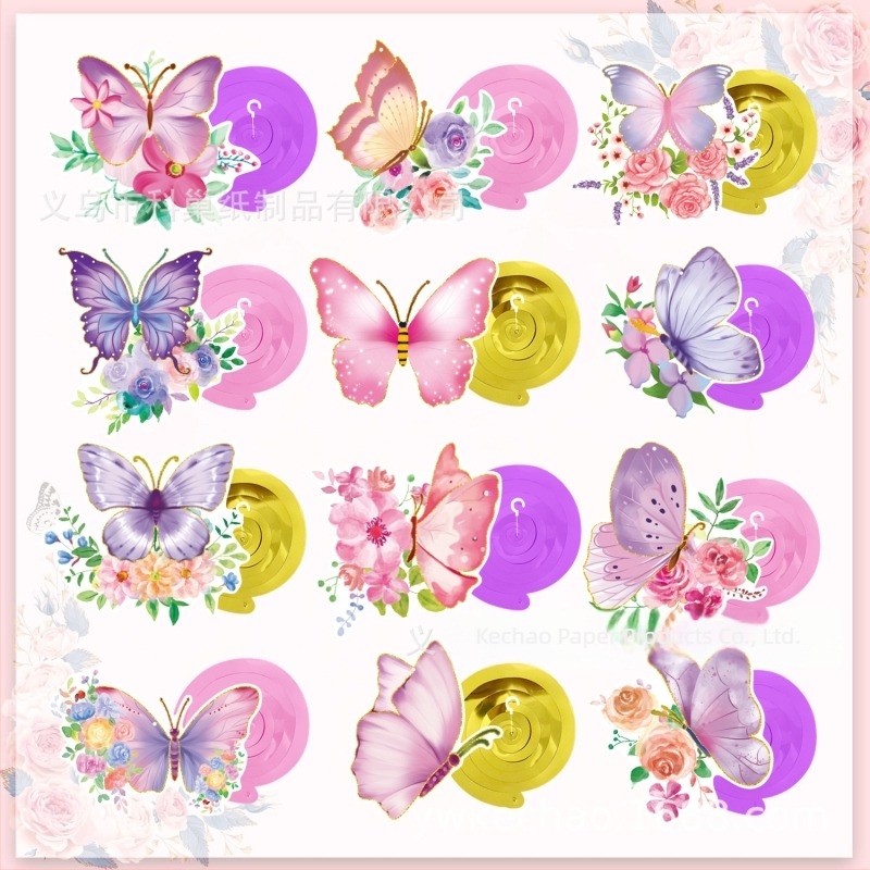 Decor pentru petrecere cu temă primăvară, flori și fluturi, agățători în spirală, set de 12 piese, etichete și ornamente cu fluturi