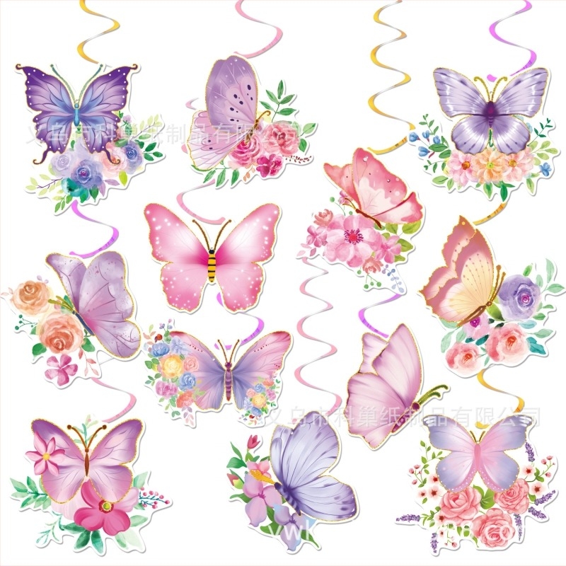 Decor pentru petrecere cu temă primăvară, flori și fluturi, agățători în spirală, set de 12 piese, etichete și ornamente cu fluturi