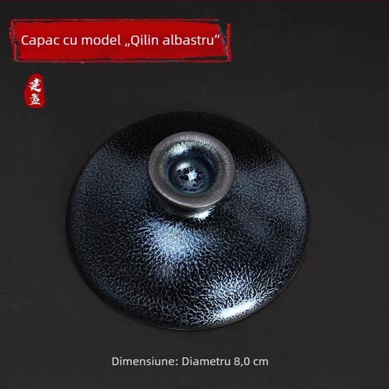 Cană de ceai cu capac și bază, corp din fier, motiv albastru de creatură mitică și flori, accesorii pentru ceremonia ceaiului