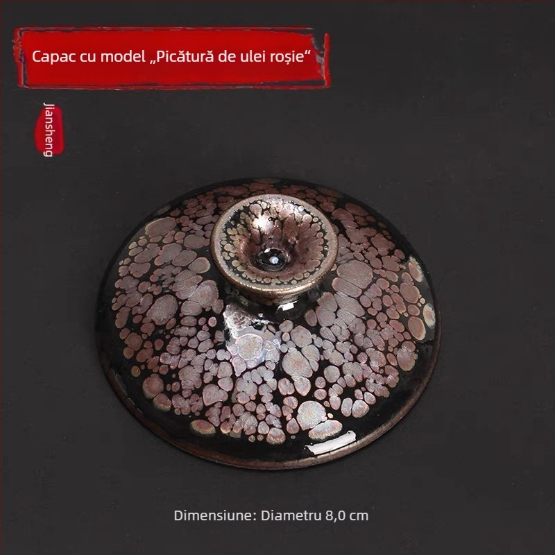 Cană de ceai cu capac și bază, corp din fier, motiv albastru de creatură mitică și flori, accesorii pentru ceremonia ceaiului