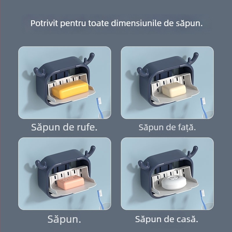 Cutie de săpun cu design de coarne de cerb, fără găuri, pentru toaletă și baie, cu capac, compartiment dublu și suport de drenaj rabatabil