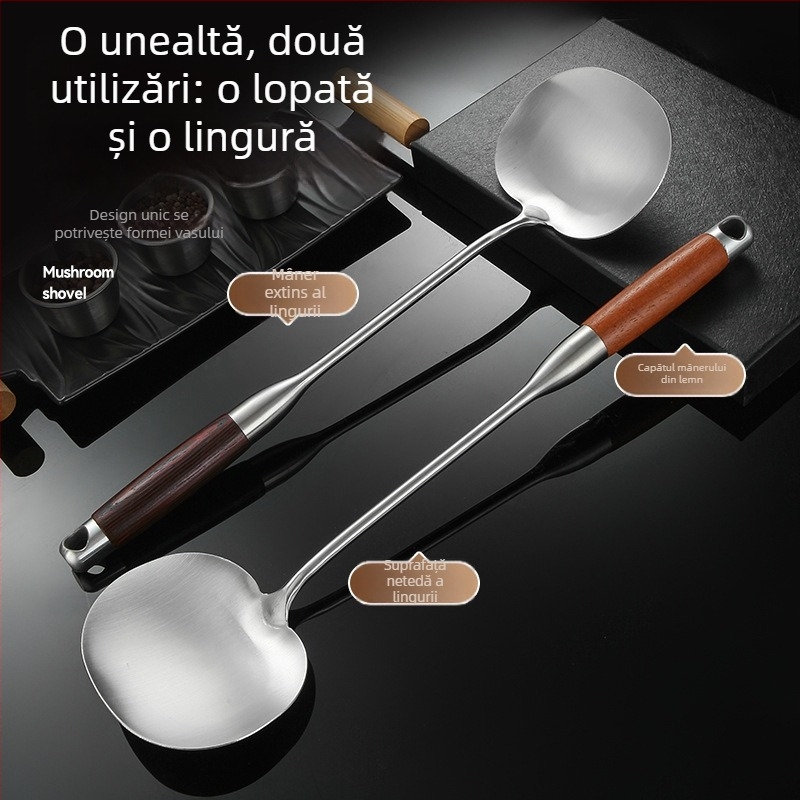 Spatulă din oțel inoxidabil pentru ciuperci, mâner din lemn, potrivită pentru wok și tigaie