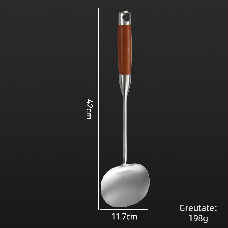 Spatulă din oțel inoxidabil pentru ciuperci, mâner din lemn, potrivită pentru wok și tigaie