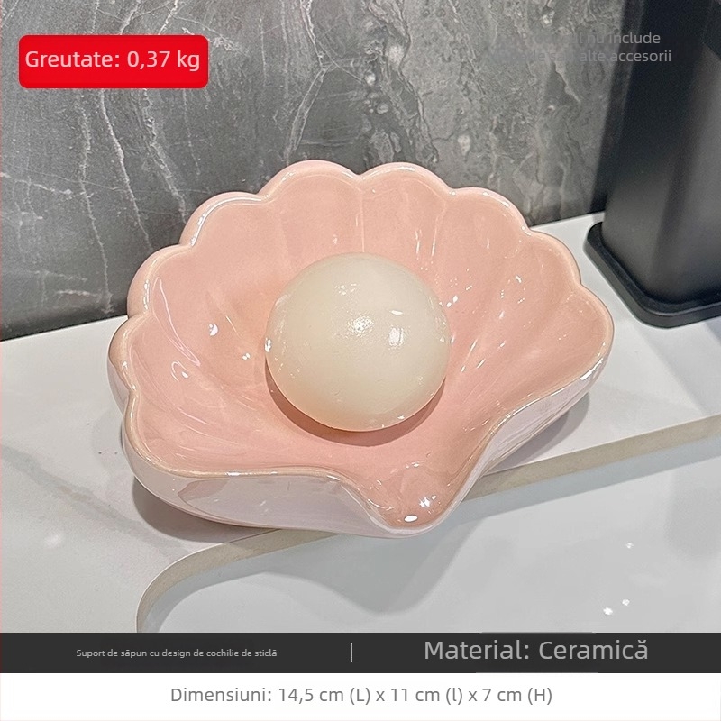 Săpunieră ceramică în formă de scoică, fără găuri, accesoriu de baie premium cu drenaj automat