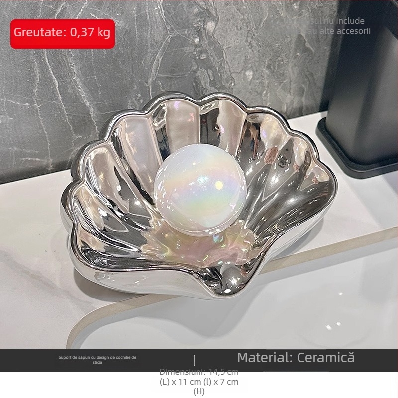 Săpunieră ceramică în formă de scoică, fără găuri, accesoriu de baie premium cu drenaj automat