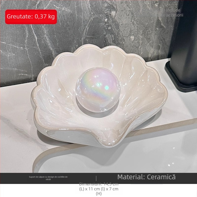 Săpunieră ceramică în formă de scoică, fără găuri, accesoriu de baie premium cu drenaj automat