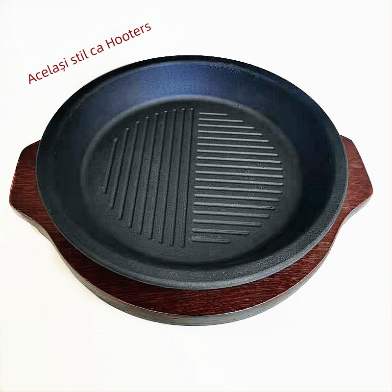 Tigaie rotundă din fontă pentru plita cu inducție, bază din lemn, diametru 23–24 cm, 2,5 kg, antiaderent, ușor de curățat, multifuncțional pentru grătar și gătit