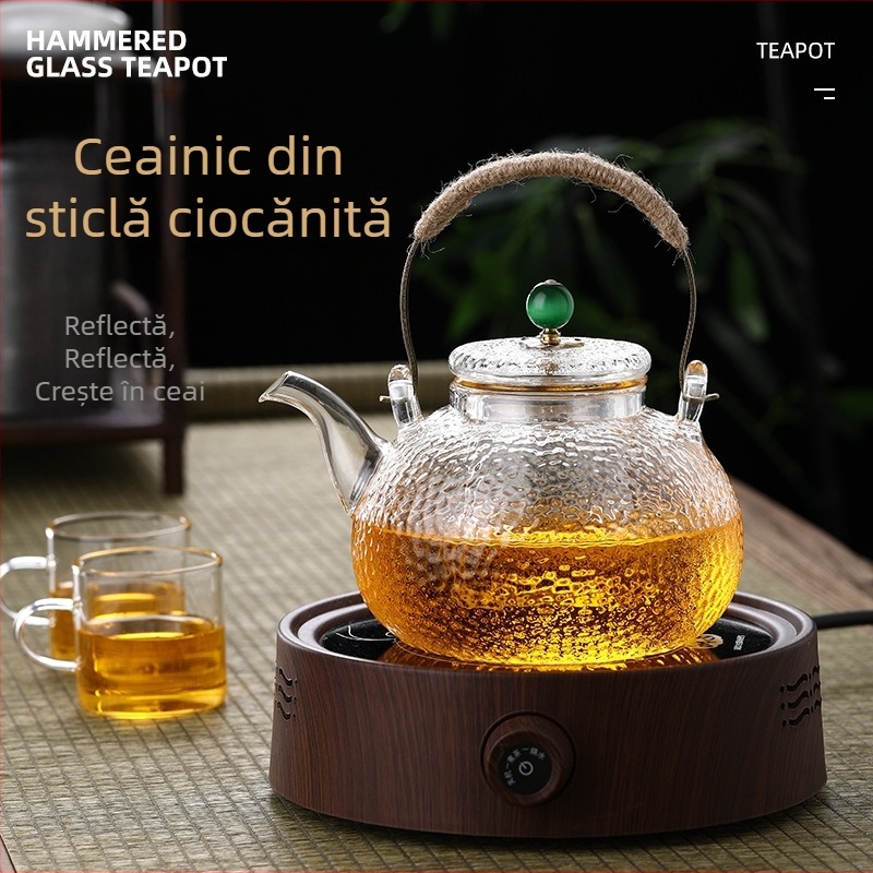 Ceainic din sticlă borosilicat cu mâner, transparent pentru ceai de flori, pentru uz casnic, compatibil cu plita electrică ceramică
