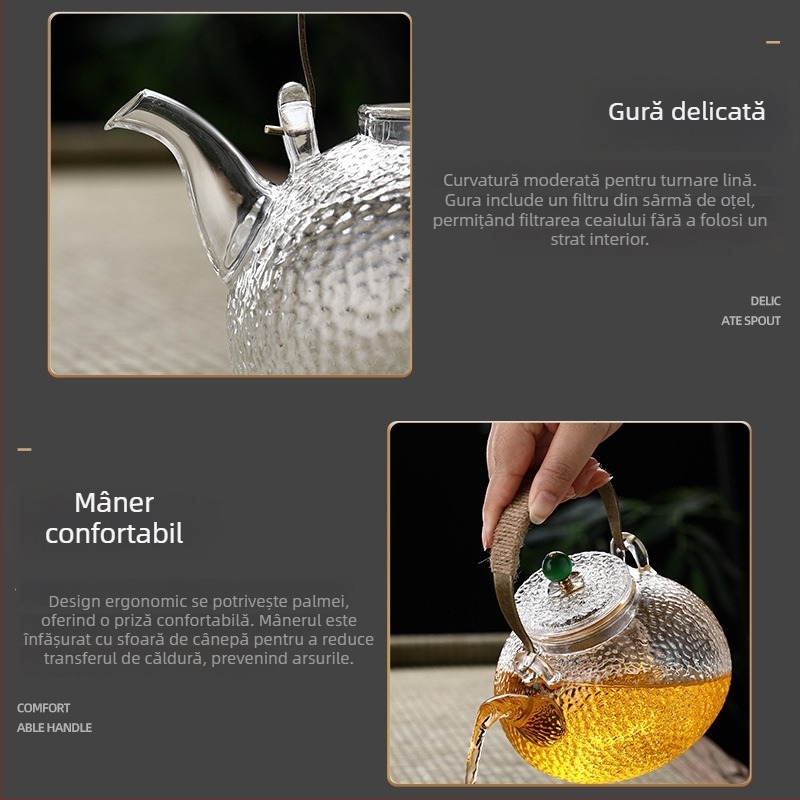 Ceainic din sticlă borosilicat cu mâner, transparent pentru ceai de flori, pentru uz casnic, compatibil cu plita electrică ceramică