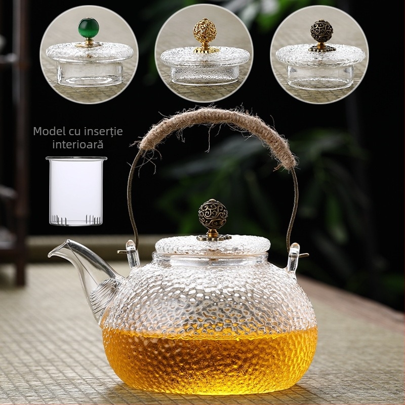 Ceainic din sticlă borosilicat cu mâner, transparent pentru ceai de flori, pentru uz casnic, compatibil cu plita electrică ceramică