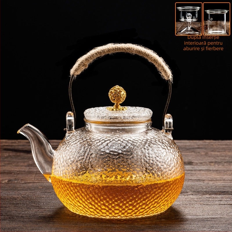 Ceainic din sticlă borosilicat cu mâner, transparent pentru ceai de flori, pentru uz casnic, compatibil cu plita electrică ceramică