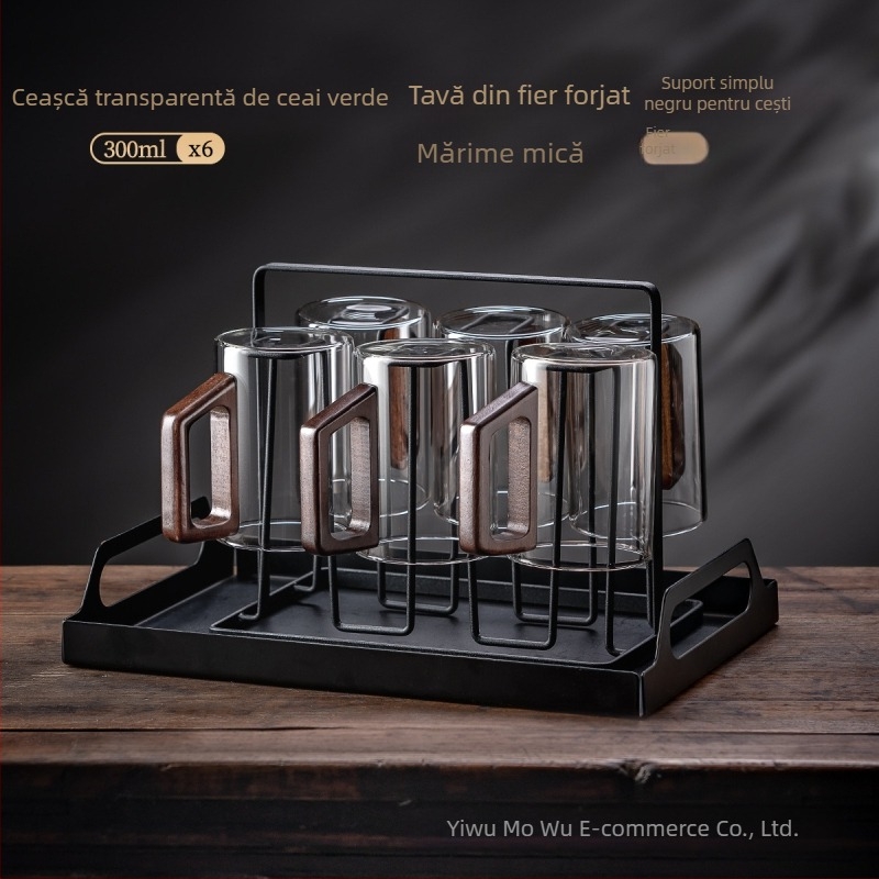 Set de ceai din sticlă cu ceainic și cești pentru uz casnic, rezistent la căldură, mâner din lemn, stil nordic, include tavă pentru ceai, cadou pentru gazduire (6–10 persoane)
