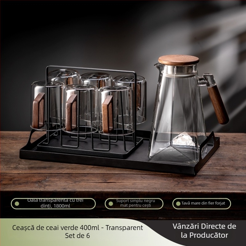 Set de ceai din sticlă cu ceainic și cești pentru uz casnic, rezistent la căldură, mâner din lemn, stil nordic, include tavă pentru ceai, cadou pentru gazduire (6–10 persoane)