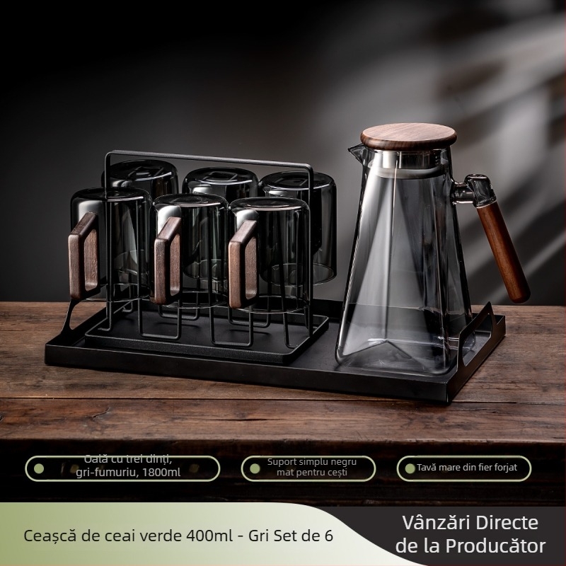Set de ceai din sticlă cu ceainic și cești pentru uz casnic, rezistent la căldură, mâner din lemn, stil nordic, include tavă pentru ceai, cadou pentru gazduire (6–10 persoane)