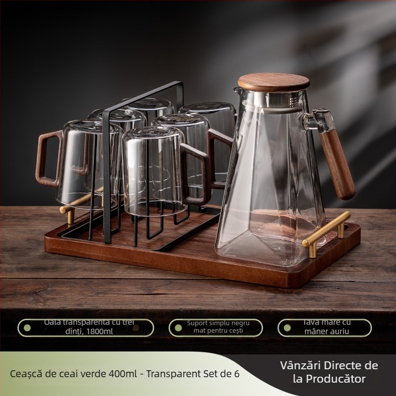 Set de ceai din sticlă cu ceainic și cești pentru uz casnic, rezistent la căldură, mâner din lemn, stil nordic, include tavă pentru ceai, cadou pentru gazduire (6–10 persoane)