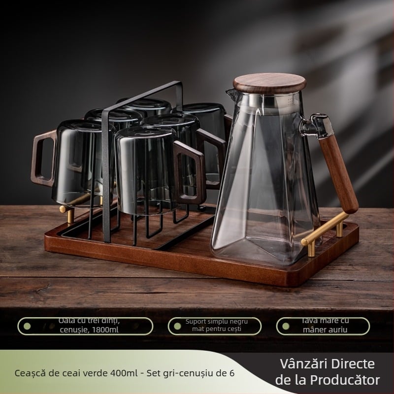 Set de ceai din sticlă cu ceainic și cești pentru uz casnic, rezistent la căldură, mâner din lemn, stil nordic, include tavă pentru ceai, cadou pentru gazduire (6–10 persoane)