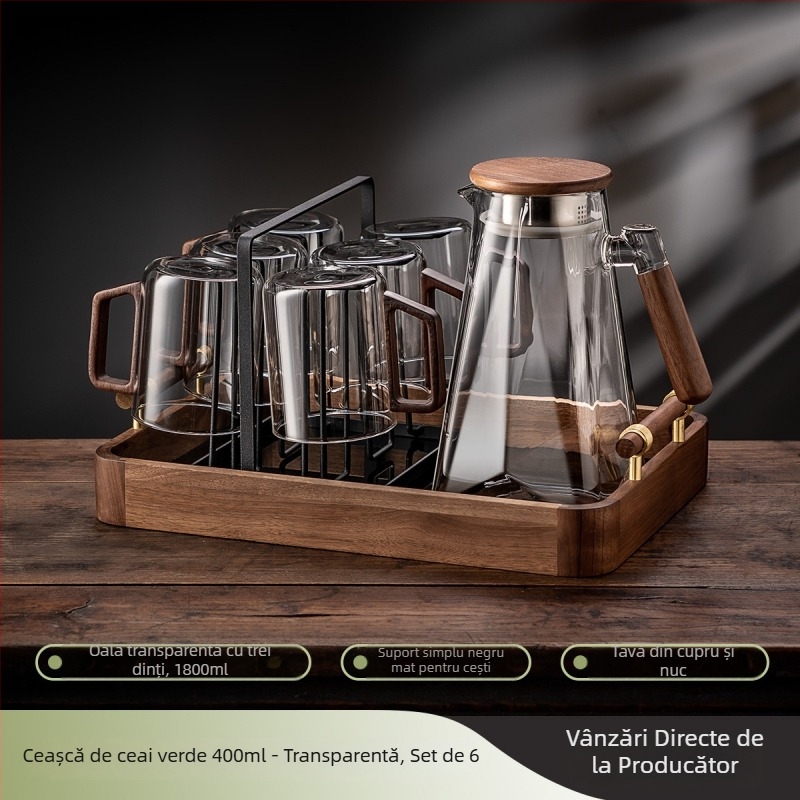 Set de ceai din sticlă cu ceainic și cești pentru uz casnic, rezistent la căldură, mâner din lemn, stil nordic, include tavă pentru ceai, cadou pentru gazduire (6–10 persoane)