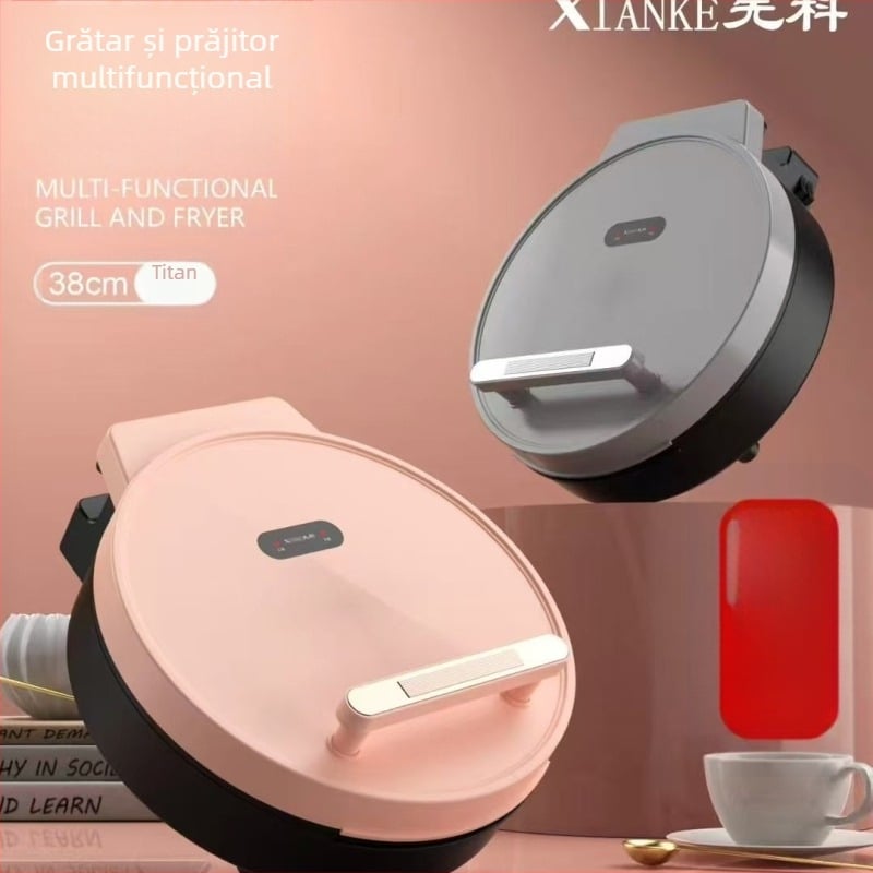 Tigaie electrică pentru clătite din titan pur, cu adâncime mărită, încălzire dublă pe ambele fețe, suprafață antiaderentă, tavă de copt separată, diametru 32–35 cm