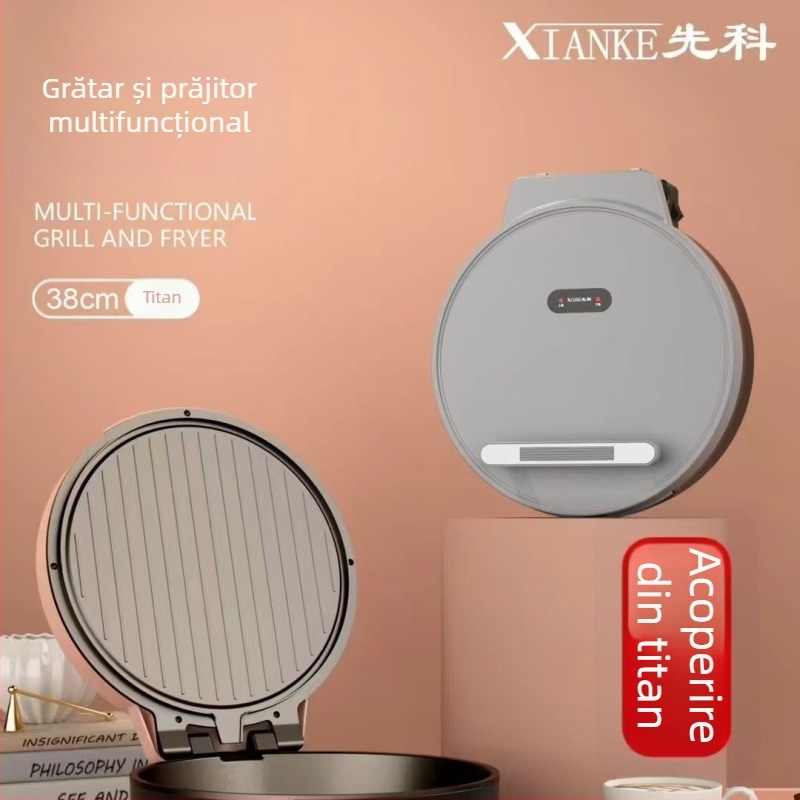 Tigaie electrică pentru clătite din titan pur, cu adâncime mărită, încălzire dublă pe ambele fețe, suprafață antiaderentă, tavă de copt separată, diametru 32–35 cm