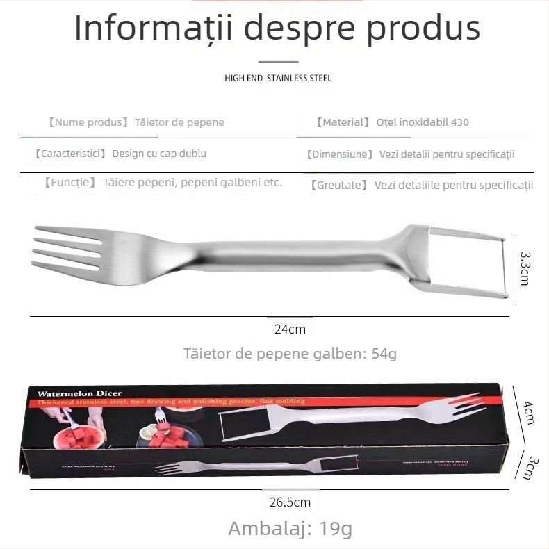 Tăietor de pepene din oțel inoxidabil 430, cu două capete, pentru cuburi și extragerea pulpei