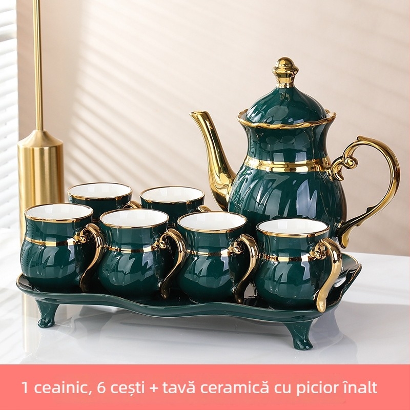 Set ceramice de cești cu margine aurie, stil nordic minimalist, pentru uz casnic; include cești de cafea și o cană pentru apă rece