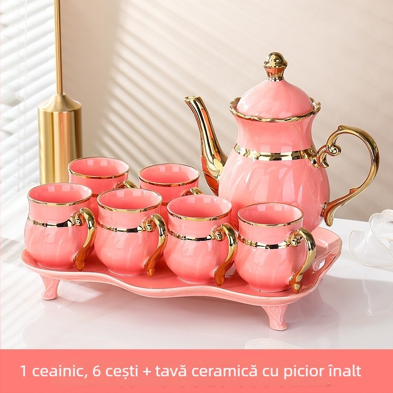 Set ceramice de cești cu margine aurie, stil nordic minimalist, pentru uz casnic; include cești de cafea și o cană pentru apă rece