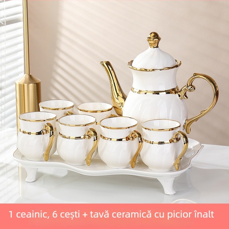 Set ceramice de cești cu margine aurie, stil nordic minimalist, pentru uz casnic; include cești de cafea și o cană pentru apă rece