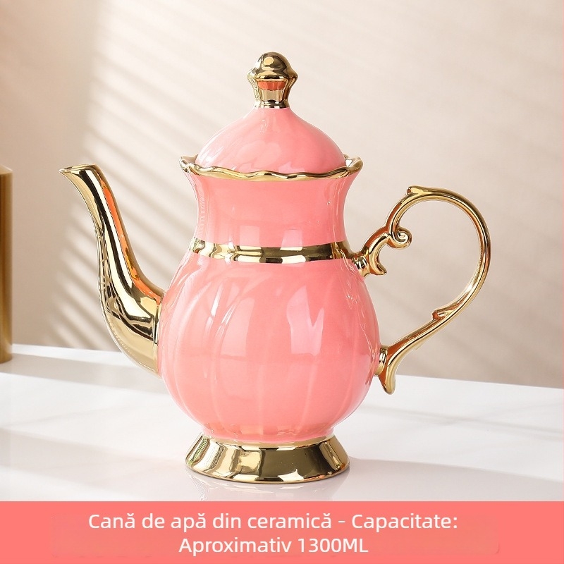 Set ceramice de cești cu margine aurie, stil nordic minimalist, pentru uz casnic; include cești de cafea și o cană pentru apă rece