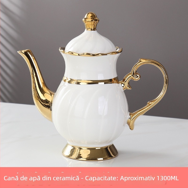 Set ceramice de cești cu margine aurie, stil nordic minimalist, pentru uz casnic; include cești de cafea și o cană pentru apă rece