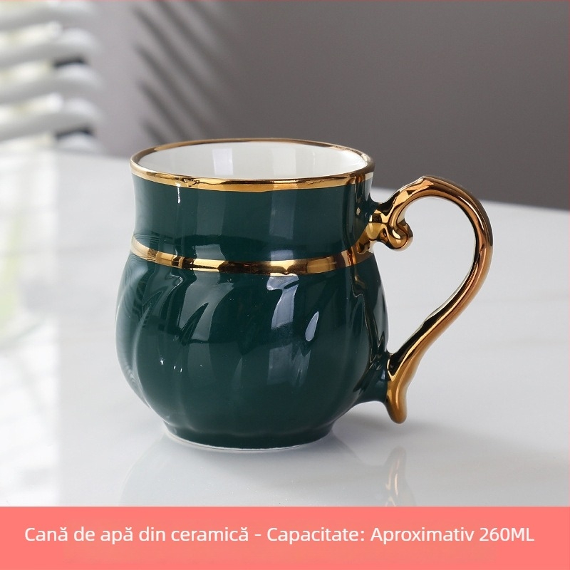 Set ceramice de cești cu margine aurie, stil nordic minimalist, pentru uz casnic; include cești de cafea și o cană pentru apă rece