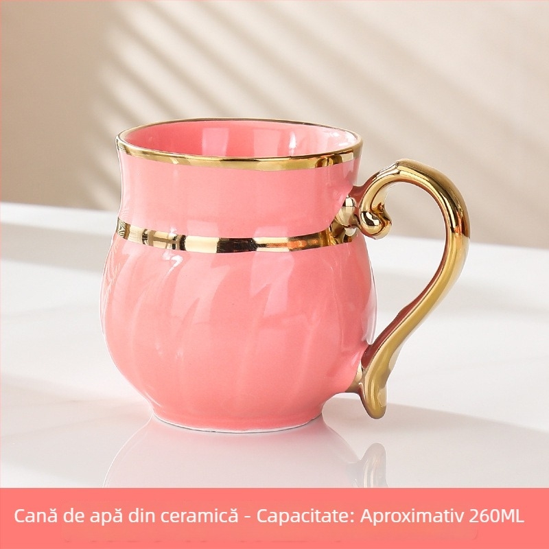 Set ceramice de cești cu margine aurie, stil nordic minimalist, pentru uz casnic; include cești de cafea și o cană pentru apă rece