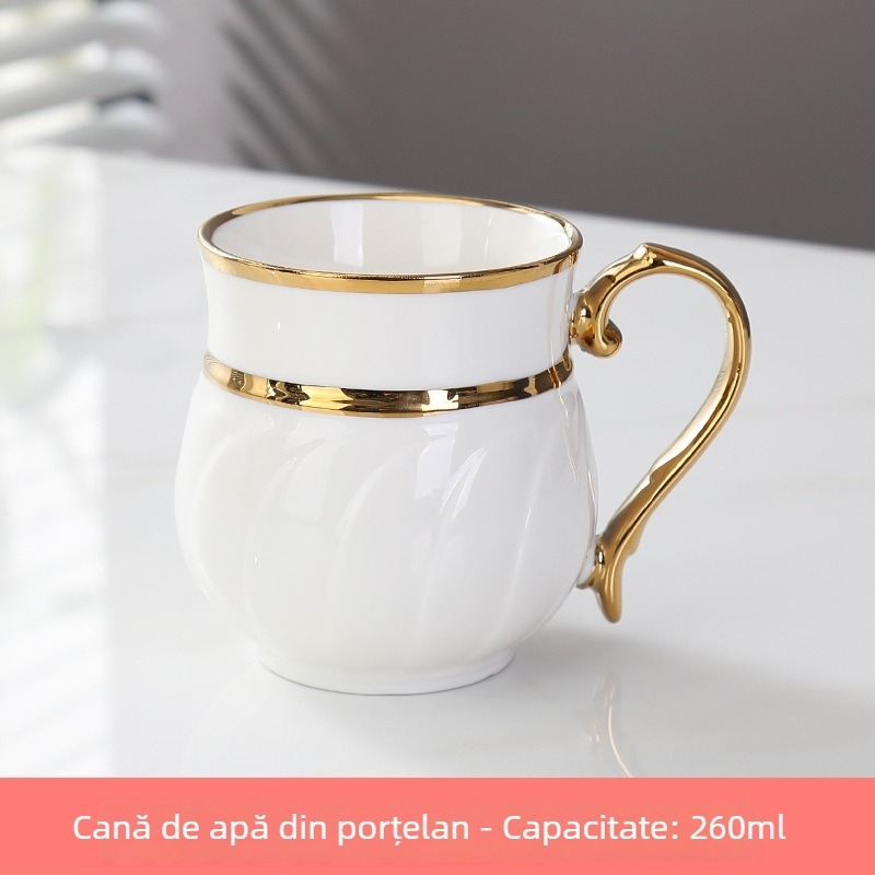 Set ceramice de cești cu margine aurie, stil nordic minimalist, pentru uz casnic; include cești de cafea și o cană pentru apă rece